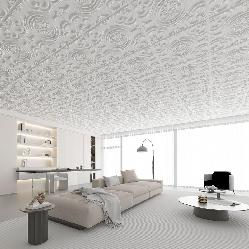 WOWSTAR 12-Pack 24"x24" Drop Ceiling Tiles, Waterproof Glue up Ceiling Panels, White - Image 2
